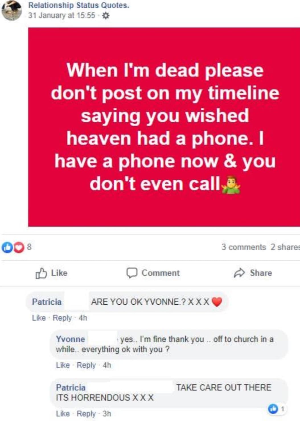 old people facebook - Relationship Status Quotes. 31 January at When I'm dead please don't post on my timeline saying you wished heaven had a phone. I have a phone now & you don't even call Do 8 Comment 3 2 Patricia 4h Yvonne Are You Ok Yvonne.? Xxx yes..